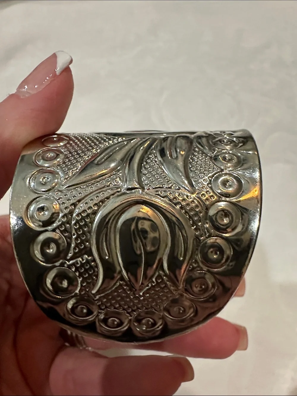 Silver Floral Embossed Cuff Bracelet